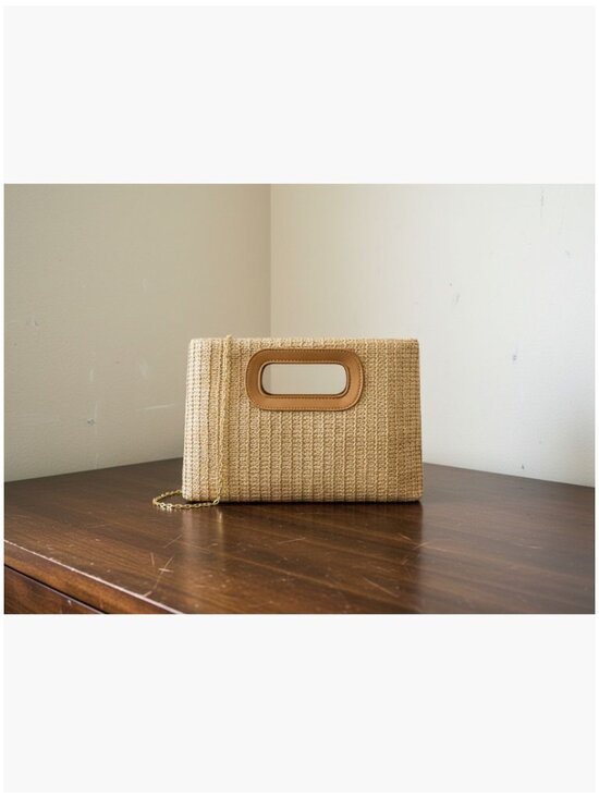 Handbags - Woven Straw Clutch Purse with Detachable Chain Strap, Polyester and PU Leather